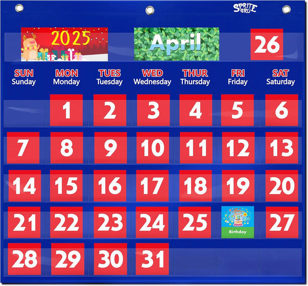 Blue Calendar Pocket Chart with 76 Cards - 68 Illustrated Activity Cards, 8 Dry Erasable Flash Cards & 3 Hooks