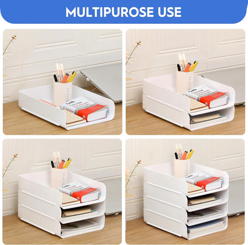 Desk Letter Tray - Set of 2 Stackable PET Document Organizer for Notes, Pens, File Paper, White