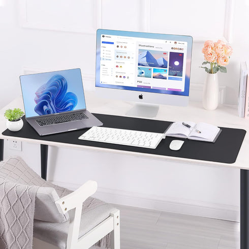Large Desk Mat 47.2" x 17" Black Leather Desk Pad Protector with Natural Cork & PU Leather, Waterproof Desk Blotter Pad