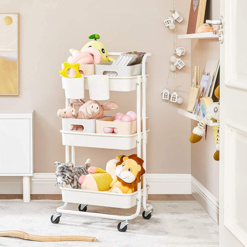 SONGMICS Rolling Cart, 3-Tier Storage Trolley with Handle, Utility Cart for Bathroom Laundry Room, White UBSC067W01