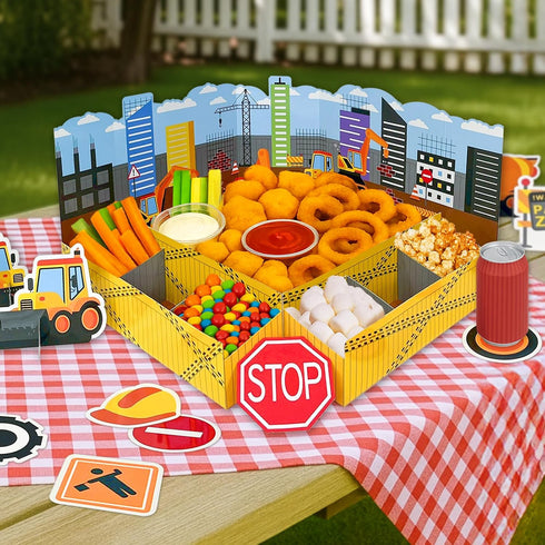 13 Set HonuGoGo Construction Snack Tray Centerpiece Kit Pieces Paper Food Display with Construction Theme Cutouts