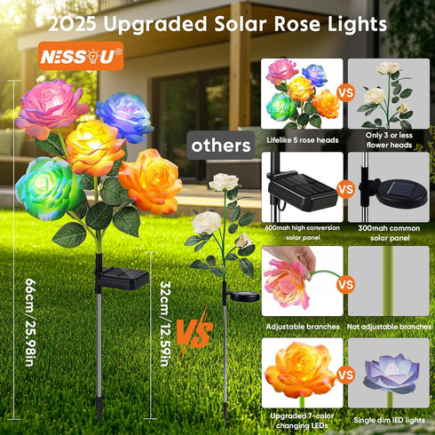 4 Pack IP65 7-Color 10H+ Solar Rose Lights Outdoor: Waterproof Changing LED Flower Stakes for Garden Pathway Patio Lawn