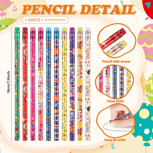Sabary 48 Pcs Happy Birthday Pencils Rubber Bracelets Set Birthday Party Favors Birthday Pencils Silicone Wristbands Birthday Bracelet for Kids Students Teachers Classroom Reward Gifts (Bright Style) by Sabary