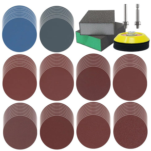 100-Piece Sanding Discs Pad 3-Inch with 2Pcs Sanding Sponge Buffing Blocks, 1/4" Shanks, Multiple Grits