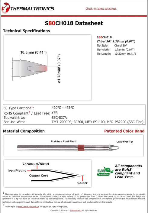 Thermaltronics S80CH018 Chisel, 30deg 1.78mm (0.07in) Interchangeable for Metcal