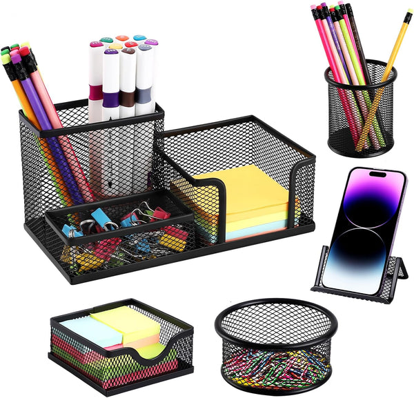 Mesh Pen Holder for Desk, 5 Pieces Desk Organizer Office Supplies Caddy with Sticky Notes Holder for Home, School, Black