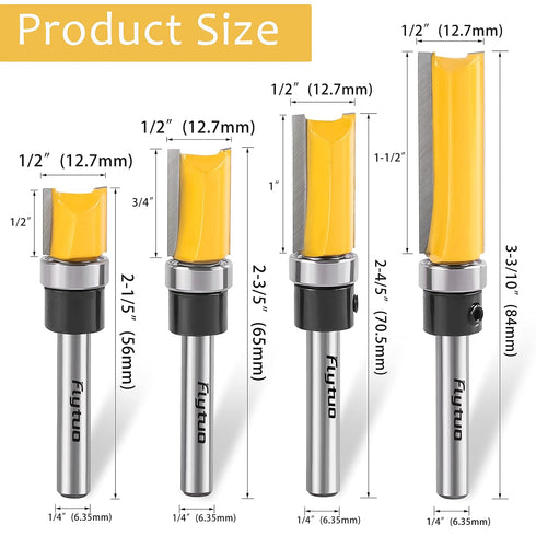 4PCS Pattern Flush Trim Router Bits Set, 1/4 Shank, Carbide Top Bearing Flush Trim Router Bits, Woodworking Milling