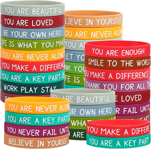 JUNEBRUSHS 64pcs Motivational Silicone Bracelets, Bulk Colored Inspirational Rubber Wristbands for Student Teacher Gifts