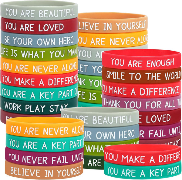 JUNEBRUSHS 64pcs Motivational Silicone Bracelets, Bulk Colored Inspirational Rubber Wristbands for Student Teacher Gifts