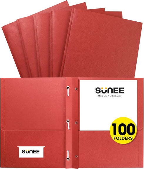SUNEE 2 Pocket Folders with Prongs (100 Pack, Red), Paper Folders for School Office Home Business