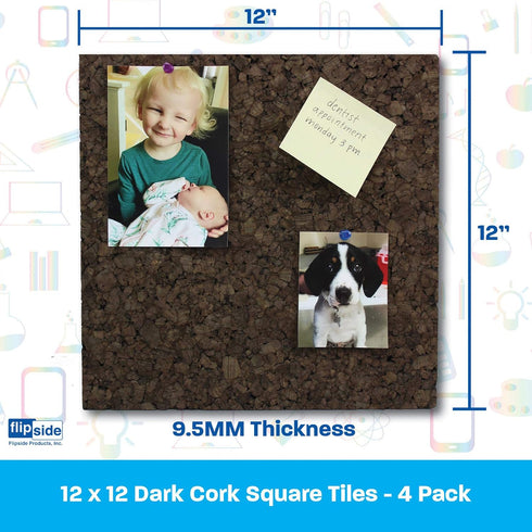 Flipside FLP12058 Dark Cork Tiles, 12" x 12", Pack of 4, Brown Cork for Bulletin Board