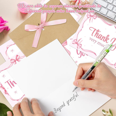 CY2SIDE 24set Pink Bow Greeting Card - Coquette Thank You Card with Envelope and Bowknot for Girl, Pink Blank Note