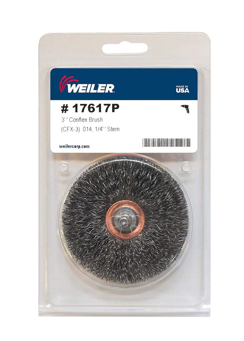 Weiler 17617 3" Narrow Face Crimped Wire Wheel, .014" Steel Fill, 1/4" Stem, Stem-Mounted, Made in the USA