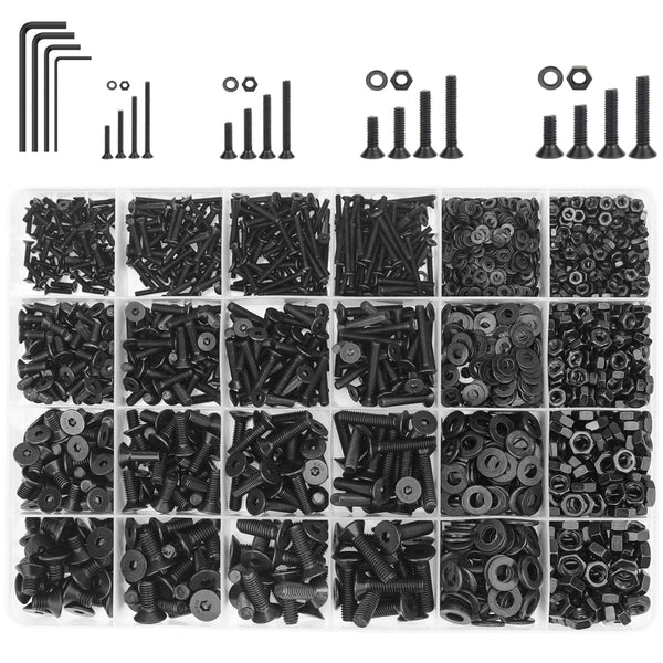 1285 Pieces M2 M3 M4 M5 Screws Nuts Washers Assortment Kit, Metric Screw Set, Fully Machine Thread (Black)