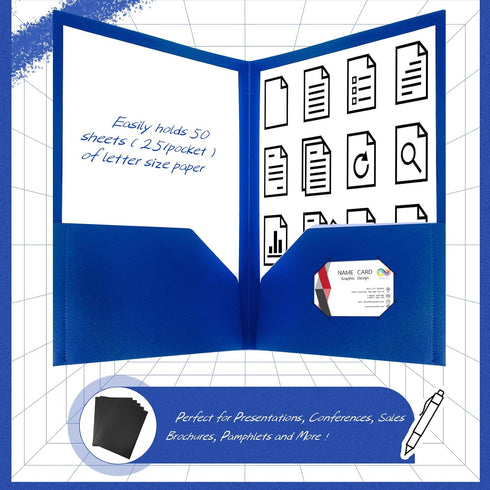 Patelai 50 Pack Pocket Folders, 2 Pocket Heavy Duty Plastic Folders, Letter Size, Business Card Holder, Blue