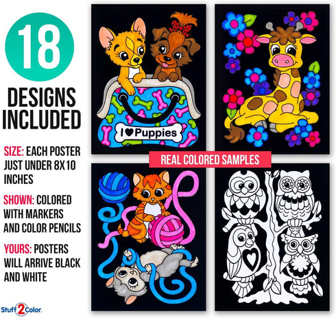 Super Pack of 18 Fuzzy Coloring Posters, Cute Animals Edition, Arts & Crafts Kit for Kids, Perfect for Quiet Time