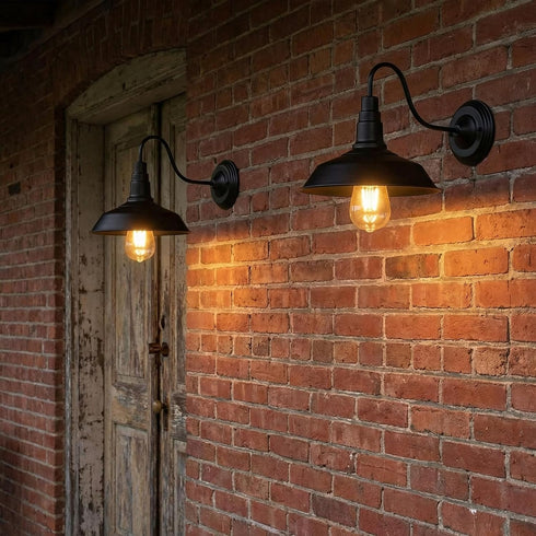 2 Pack Cedilis Black Wall Sconce Light, Retro Flat Barn Lights, Farmhouse Gooseneck Wall Lamp, Vintage Industrial