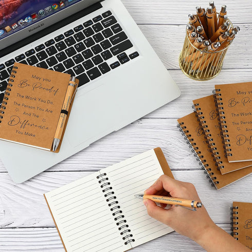 Yeaqee 30 Sets Inspirational Notebook, Bulk Notepad with Motivational Bamboo Ballpoint Pen for Employee Retirement Gift