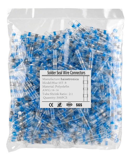 500PCS Blue Solder Seal Wire Connectors AWG16-14, haisstronica Marine Grade Waterproof Solder Wire Connectors, Heat