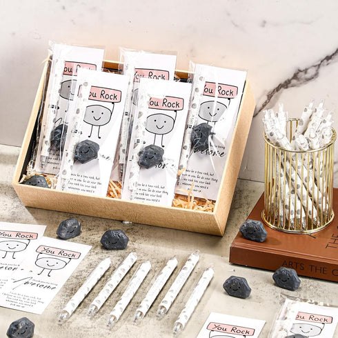 Sayglossy 36 Set End of Year You Rock Gifts Bulk for Coworkers Inspirational Resin Stone with Smile Rock Ballpoint Pens