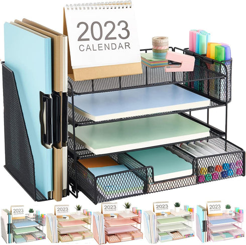 gianotter 4-Tier Desk Organizer with Drawers, File Holders, and Pen Holders for Office Supplies, Black