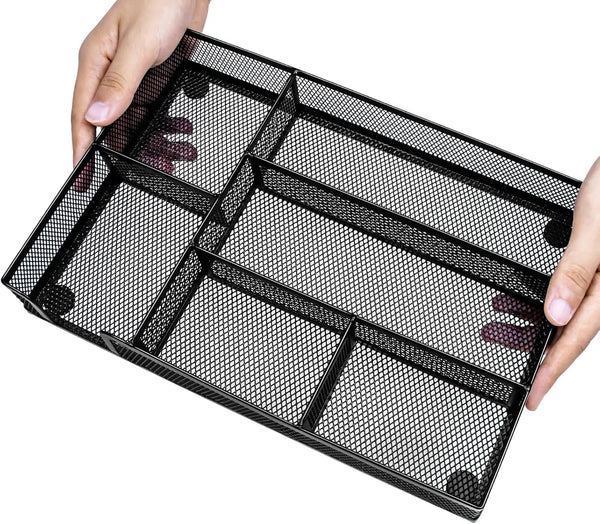 Desk Drawer Organizer, Office Divider Tray with 6 Compartments, Metal Mesh for Stationery, Makeup, School