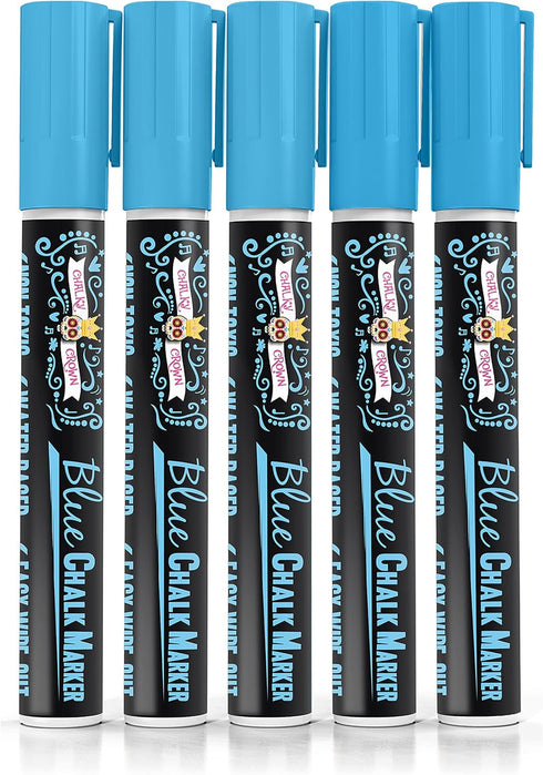 CHALKY CROWN Liquid Chalk Marker Pen, Dry Erase Marker for Chalkboard Signs, Windows, Glass (6mm Reversible Tip, Blue,