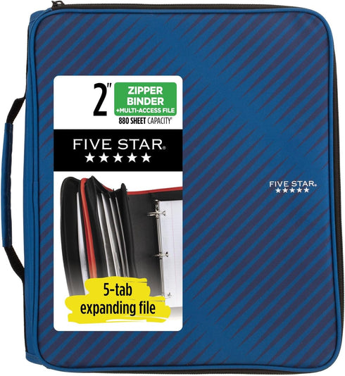 Five Star Zipper Binder, 2 Inch 3-Ring for School, 6 Pocket Expanding File, 380 Sheet Capacity, Cobalt Blue