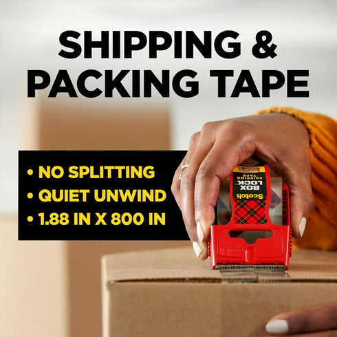 Scotch Box Lock Packing Tape, Clear, Extreme Grip Moving Tape, 1.88 in. x 22.2 yd., 6 Packaging Tape Rolls with Dispensers