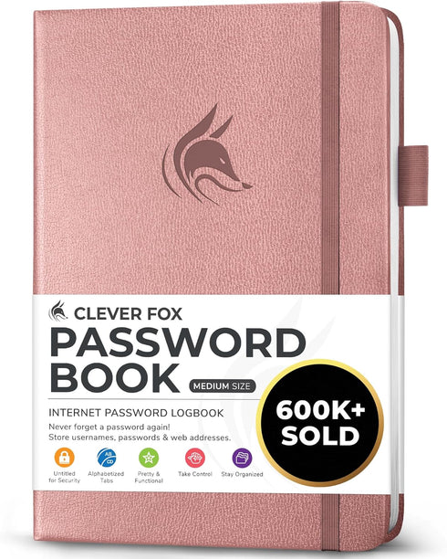 Clever Fox Password Book with Alphabetical Tabs, Internet Address Organizer Logbook, Medium Keeper for Website Logins