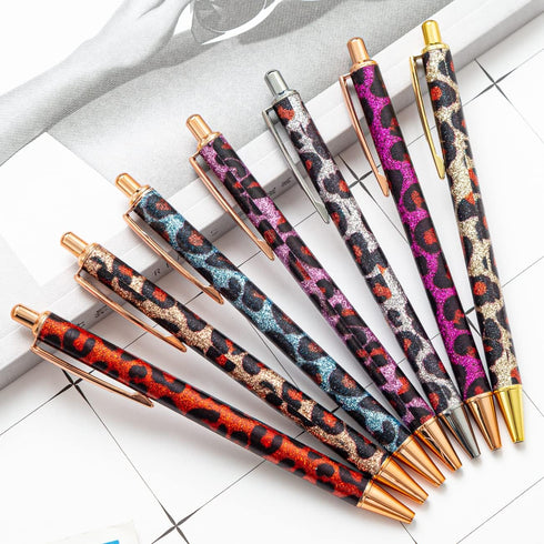 PASISIBICK 8 Pieces Girly Leopard Writing Pens, Cute Glitter Ballpoint Pens, Black Ink, Medium Point
