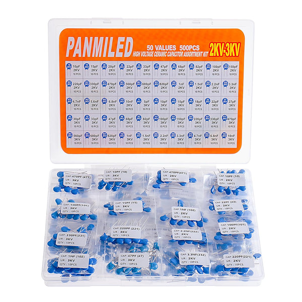 PANMILED 50 Values 500 Pieces High Voltage DIP Ceramic Capacitor Assortment Kit (5pF~10nF, 2KV/2000V, 3KV/3000V)