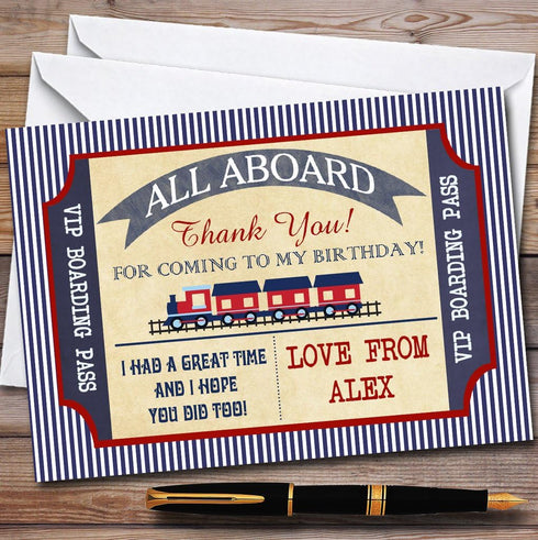 The Card Zoo Blue & Red Boarding Pass Train Party Thank You Cards