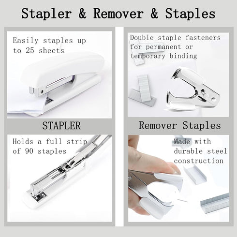 White Office Desk Accessories, 12pcs Organizers with Tape Dispenser, Stapler, Scissors, Ruler, Sticky Tabs, Clips Set