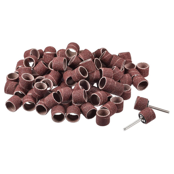 uxcell 100 Pcs 1/2 Inch Sanding Sleeves Sandpaper Set, 80 Grit with 2 Pcs 1/8 Inch Drum Mandrels for Rotary Tools