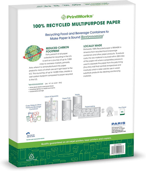 Printworks 100% Recycled Multipurpose Paper, 20 lb, 92 Bright, 8.5 x 11", White, 6 Reams (2400 sheets)