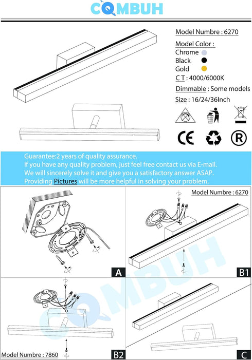 16Inch 9W IP44 4000K Combuh LED Bathroom Vanity Light Lamp Chrome Over Mirror Lighting Fixture Indoor Wall Sconce