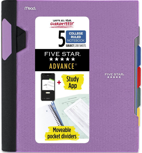 Five Star Spiral Notebook, 5 Subject, College Ruled, 200 Sheets, 8-1/2" x 11", Purple, Advance Notebook with Spiral