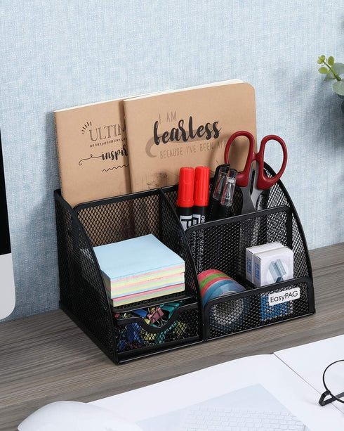 EasyPAG Desk Organizer Mesh Desktop Office Supplies, Multi-functional Caddy with 6 Compartments and 1 Drawer (Black)