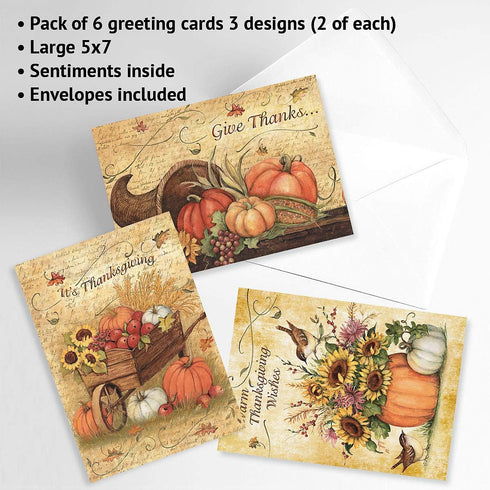 Current Harvest Thanksgiving Greeting Cards Set, 6 Large 5 x 7-Inch Cards, Assortment of 3 Unique Designs