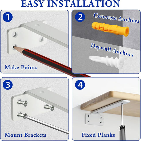 White,4 Shelves,6'' Brackets,1/5" Inch Alise Floating Shelf Brackets Pcs L Brackets for Hidden Invisible Shelf Thick