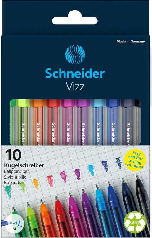 Schneider Vizz M (Medium) Ballpoint Pen, 1.0 mm, Transparent Barrel, Assorted Ink Colors, Pack of 10 Pens
