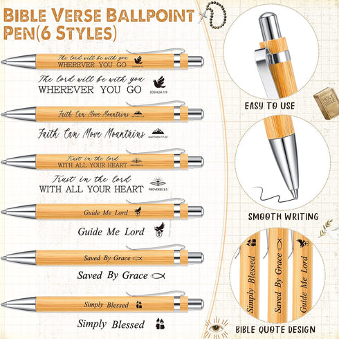 Bible Verse Ballpoint Pen Wood Bamboo Christian Pen Retractable Inspirational Scripture Ballpoint with Black Ink, Velvet Bags for Mother's Day Church Gift Religious Pastor Office Supply(60 Pcs) by Roowest