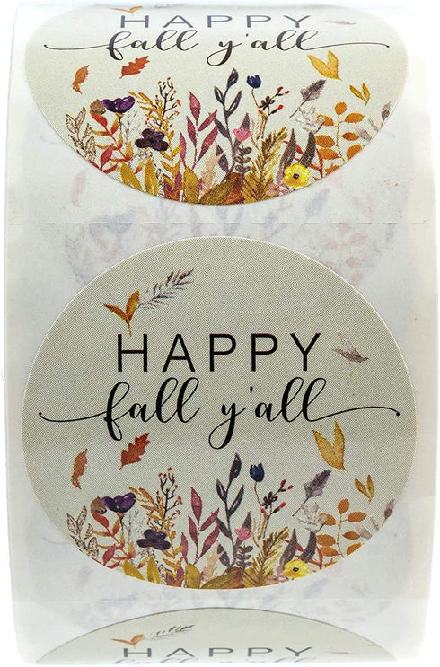 Happy Fall Y'all Stickers - 1.5 Inch Autumn Leaves Circle Labels - 500 Thanksgiving Floral Labels Per Roll
