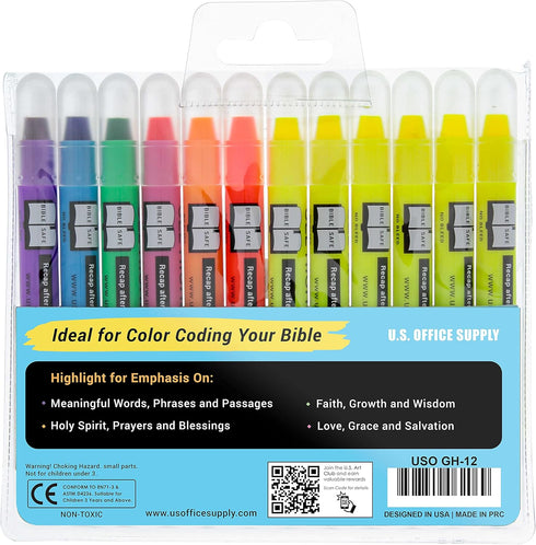 U.S. Office Supply Bible Safe Gel Highlighters, Pack of 12, 6 Neon Yellow and 6 Colors, Won't Bleed or Fade, Study Guide