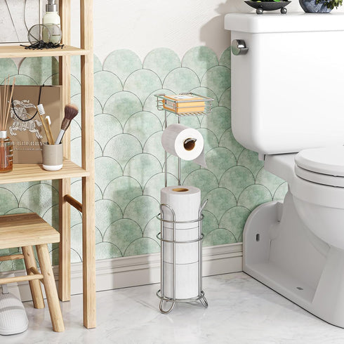 4 Simple Trending Toilet Paper Holder Free Standing,Toilet Paper Stand with Shelf for Rolls, for Phones,Tissues,Wipes