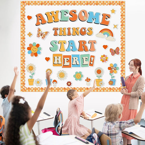gisgfim Classroom Bulletin Board Decoration Set with Welcome Banner and Groovy Hippie Decor for Schools