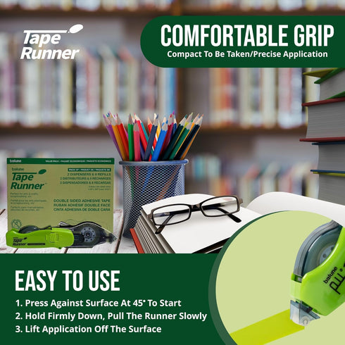 Double Sided Tape with Retractable Dispenser Roller - Permanent, Acid Free, Transparent - 2 Runners & 8 Refill