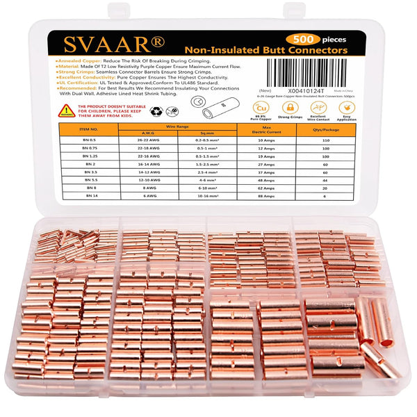 500PCS 26-6 AWG Non-Insulated Butt Connectors, Copper Butt Splice Terminals for Wiring Kits