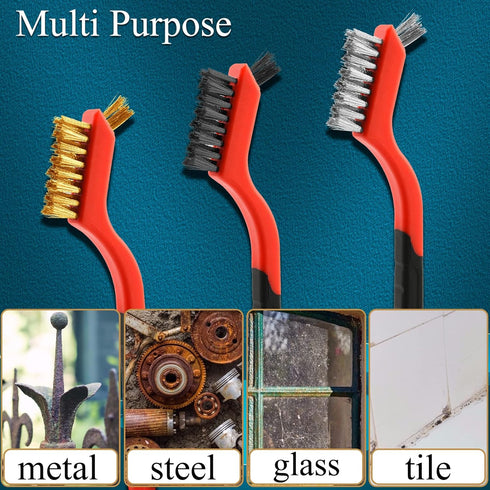 Wire Brush Set, 3 Pcs Stainless Steel/Brass/Nylon for Cleaning with Curved Handle Grip for Rust Removal